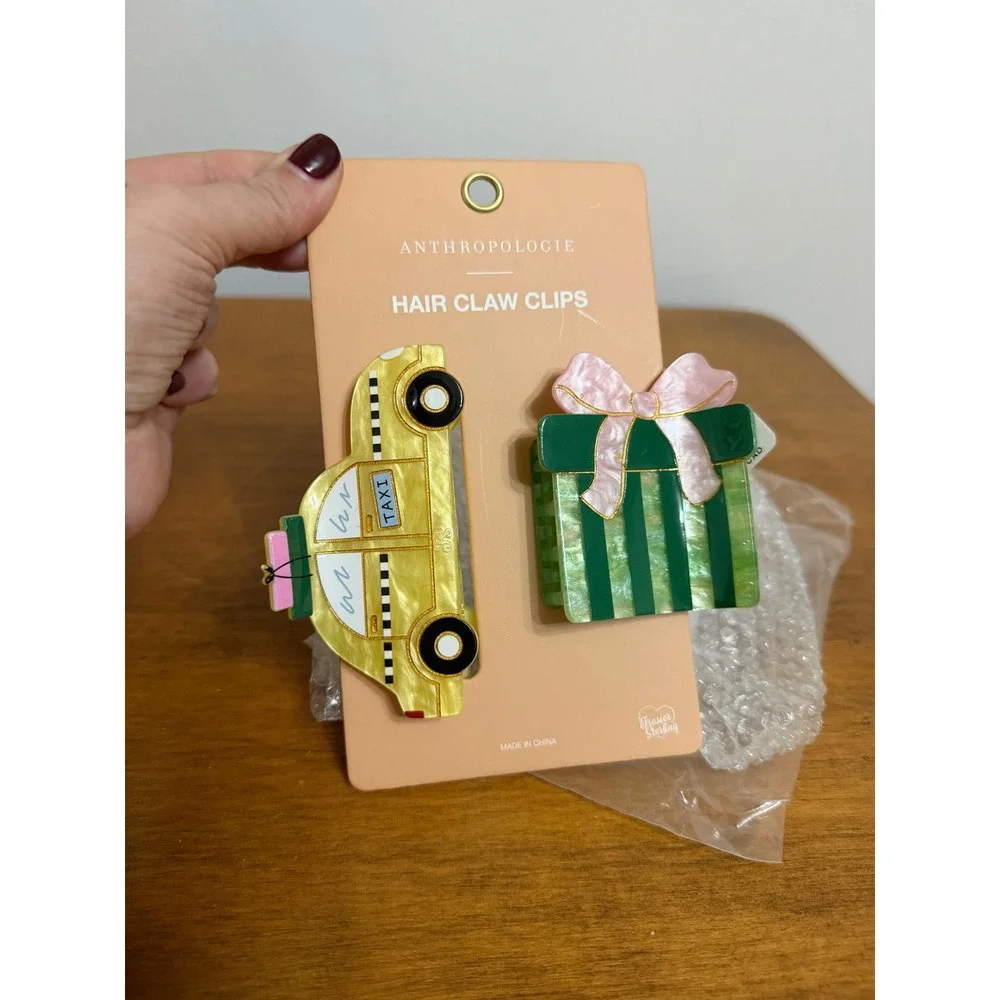 Anthropologie Frasier‎ Sterling Holiday Hair Claw Clip Set Taxi and Present New